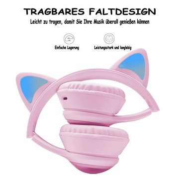 Kinder-Kopfhörer, Katzenohren-Kopfhörer für Mädchen Kinder-Kopfhörer (Drahtloses Bluetooth, Farbige LEDs, eingebautes Mikrofon, FM, Kopfhörer)