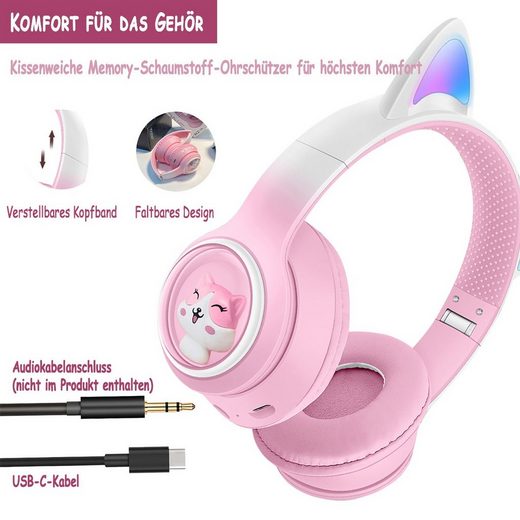 Kinder-Kopfhörer, Katzenohren-Kopfhörer für Mädchen Kinder-Kopfhörer (Drahtloses Bluetooth, Farbige LEDs, eingebautes Mikrofon, FM, Kopfhörer)