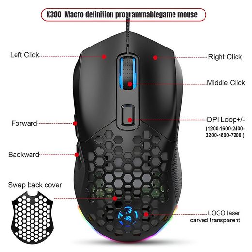 RGB Gaming Maus Kabelgebunden Leise Weiß Schwarz USB Gaming-Maus (kabelgebunden, 6 Tasten / Ohne Treiber / DPI Einstellbar / PC Laptop Windows MacOS)