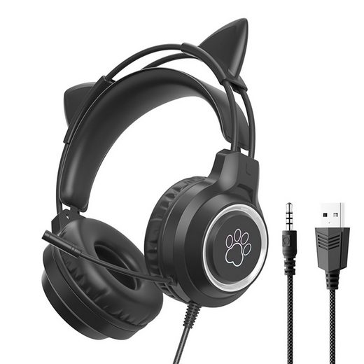 Diida Gaming-Headsets,Kopfhörer mit Geräuschunterdrückung für Katzenohren Gaming-Headset (Katzenohren, Stereo, Abnehmbare Katzenohren, Klappbar)