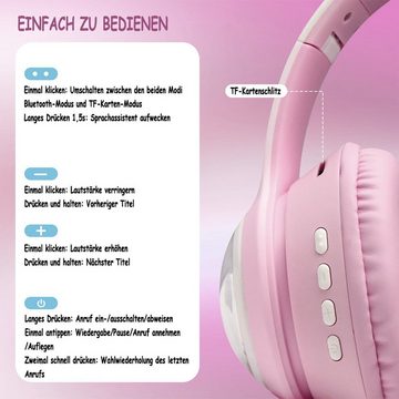 Kinder-Kopfhörer, Katzenohren-Kopfhörer für Mädchen Kinder-Kopfhörer (Drahtloses Bluetooth, Farbige LEDs, eingebautes Mikrofon, FM, Kopfhörer)